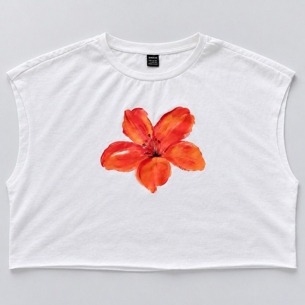 SHEIN Women’s Large White Orange Flower Graphic Crop Top Sleeveless US 8/10